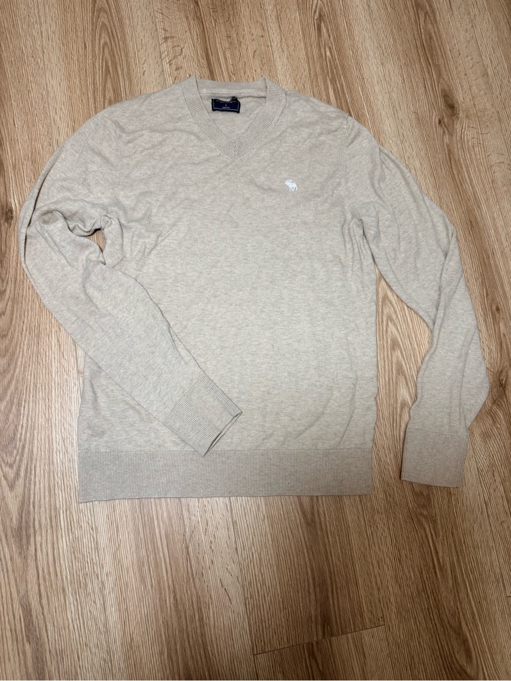 Abercrombie & Fitch Men's V-Neck Sweater Oatmeal Beige Moose Logo Preppy Knit L